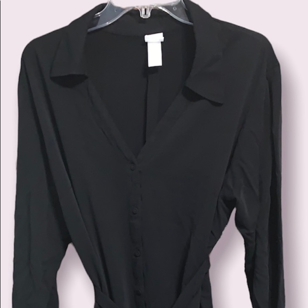 H&M black button down shirt dress with tie belt (size XL)